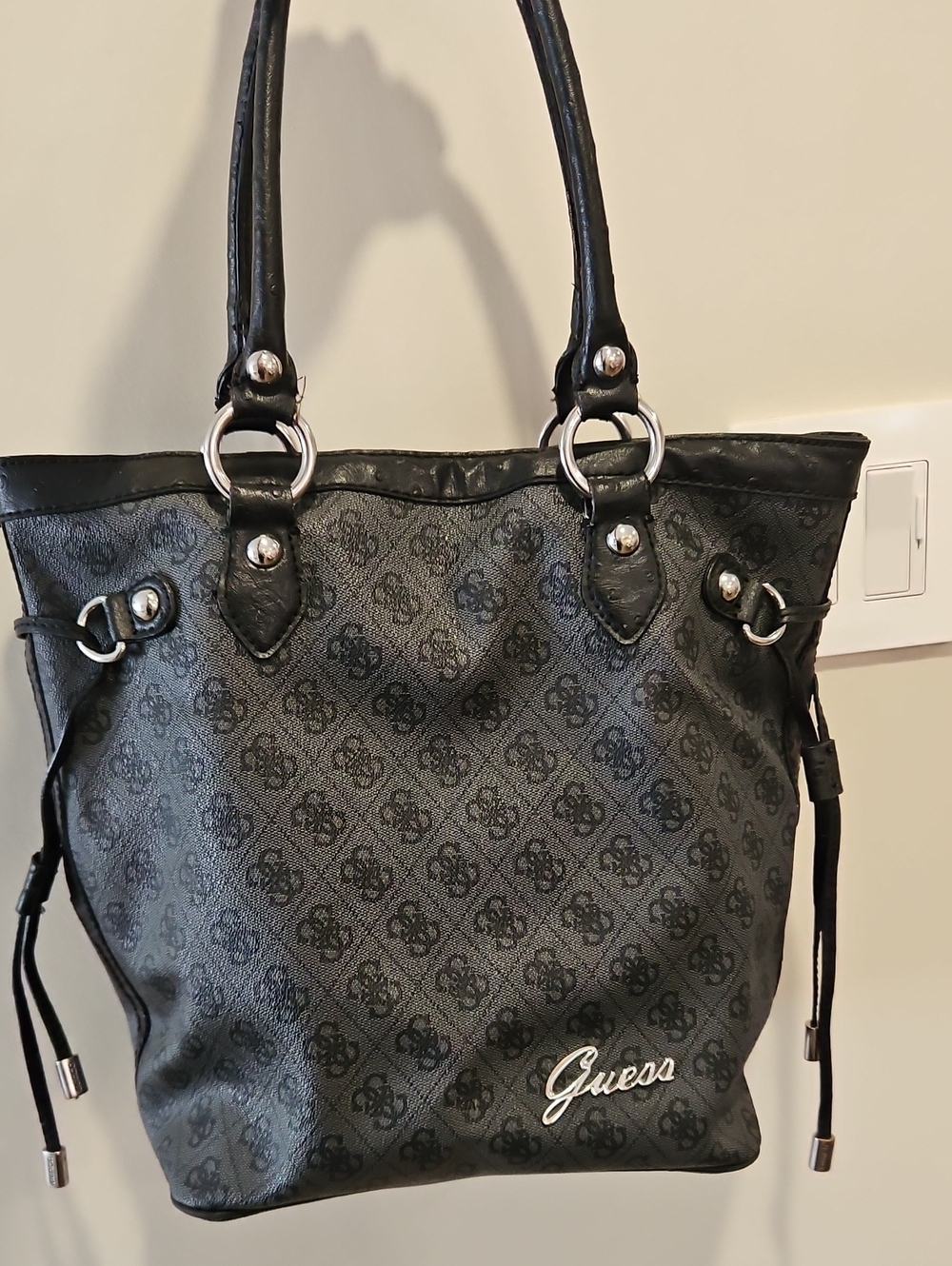 Guess Black Monogram Tote with Silver Accents